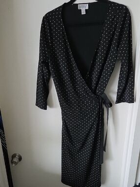 LOFT Black Wrap Midi Dress with Tan Polka Dots